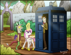 Size: 1200x922 | Tagged: safe, artist:bonaxor, discord, princess celestia, g4, blazer, bowtie, cewestia, clothes, doctor who, drool, eleventh doctor, filly, fish fingers and custard, magic, matt smith, pants, shirt, tardis, the doctor, timelord, trio