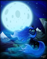 Size: 900x1135 | Tagged: safe, artist:bonaxor, princess luna, g4, cliff, female, looking at you, moon, mountain, night, smiling, snow, snowfall, solo