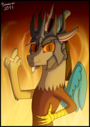 Size: 900x1271 | Tagged: safe, artist:bonaxor, discord, g4, fire, lord of the rings, male, middle finger, sauron, solo, the one ring, xk-class end-of-the-world scenario
