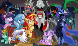 Size: 1250x750 | Tagged: safe, artist:zelc-face, ahuizotl, diamond tiara, discord, gilda, king sombra, lightning dust, lord tirek, mane-iac, nightmare moon, queen chrysalis, sunset shimmer, suri polomare, trixie, earth pony, griffon, pegasus, pony, unicorn, g4, twilight's kingdom, angry, antagonist, bipedal, cigar, cross-popping veins, female, frown, glare, glasses, gold teeth, gold tooth, grin, gritted teeth, grumpy, male, open mouth, prone, selfie, shutter shades, smiling, smoking, sunglasses, swag, wide eyes