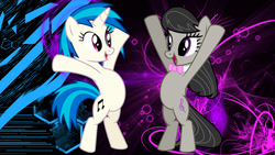 Size: 2560x1440 | Tagged: safe, artist:huskyfan, artist:namelesshero2222, dj pon-3, octavia melody, vinyl scratch, earth pony, pony, unicorn, g4, arms in the air, bipedal, bowtie, cute, cutie mark, daaaaaaaaaaaw, female, hnnng, hooves, horn, lesbian, mare, namelesshero2222 is trying to murder us, open mouth, ship:scratchtavia, shipping, sweet dreams fuel, tavibetes, upright, vector, vinylbetes, wallpaper, weapons-grade cute