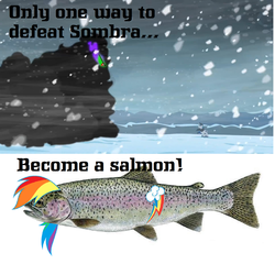 Size: 1288x1236 | Tagged: safe, king sombra, rainbow dash, shining armor, fish, rainbow trout, umbrum, g4, backwards cutie mark, bobobo-bo bo-bobo, logic, maybe salmon, not salmon, not salmon yet salmon, quote, salmon yet not salmon, wat