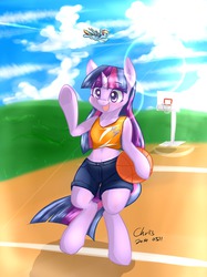 Size: 1280x1707 | Tagged: safe, artist:xcopyen002, rainbow dash, twilight sparkle, pony, semi-anthro, g4, arm hooves, basketball, bipedal, clothes, cute, happy, sports