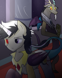 Size: 666x838 | Tagged: safe, artist:hikariviny, discord, oc, oc:chaotic, hybrid, g4, disappointed, frown, heterochromia, interspecies offspring, like father like son, like parent like child, offspring, parent:discord, parent:princess celestia, parents:dislestia, sad