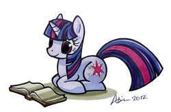 Size: 800x526 | Tagged: safe, artist:alienfirst, twilight sparkle, g4, book, female, solo, traditional art