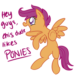 Size: 700x700 | Tagged: artist needed, safe, scootaloo, g4, caption, female, pointing, solo