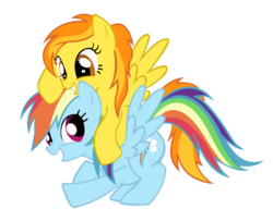 Size: 500x405 | Tagged: artist needed, safe, rainbow dash, spitfire, pegasus, pony, g4, cute, cutefire, dashabetes, female, grin, happy, lesbian, ponies riding ponies, riding, ship:spitdash, shipping, show accurate, smiling, spitfire riding rainbow dash, spread wings