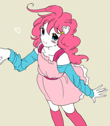 Size: 576x655 | Tagged: safe, artist:pasikon, pinkie pie, human, g4, blushing, clothes, cute, diapinkes, dress, female, heart, humanized, looking at you, simple background, solo