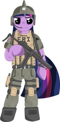 Size: 472x960 | Tagged: safe, artist:werdnasremos, twilight sparkle, pony, g4, bipedal, ebi, fbi, female, gun, handgun, headset, helmet, mp5sd, pistol, solo, swat, weapon