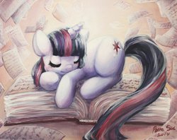 Size: 1004x795 | Tagged: safe, artist:pikku-pichu, twilight sparkle, g4, adorkable, blushing, book, cute, dork, eyes closed, female, prone, sleeping, smiling, solo, traditional art