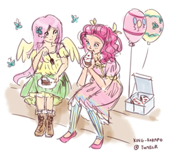 Size: 1000x923 | Tagged: safe, artist:king-kakapo, fluttershy, pinkie pie, butterfly, human, g4, balloon, cake, eating, female, fork, humanized, lesbian, ponilove, ship:flutterpie, shipping, sitting, smiling, spread wings, winged humanization