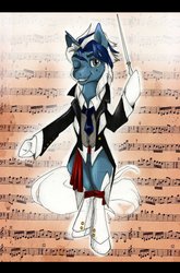 Size: 726x1099 | Tagged: safe, artist:anightlypony, oc, oc only, oc:nightly, pony, unicorn, semi-anthro, baton, clothes, conductor's baton, hoof hold, maestro, music notes, sheet music, solo