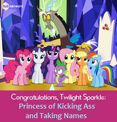 Size: 550x575 | Tagged: safe, screencap, applejack, discord, fluttershy, pinkie pie, rainbow dash, rarity, spike, twilight sparkle, alicorn, pony, g4, my little pony: friendship is magic, twilight's kingdom, female, hub logo, mare, twilight sparkle (alicorn)