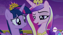 Size: 1920x1080 | Tagged: safe, screencap, princess cadance, twilight sparkle, alicorn, pony, g4, female, hub logo, mare, twilight sparkle (alicorn)