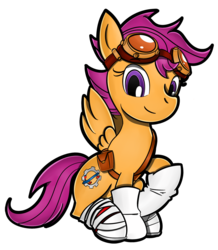 Size: 1000x1149 | Tagged: safe, artist:flam3zero, scootaloo, g4, alternate cutie mark, clothes, cosplay, costume, crossover, female, goggles, looking at you, parody, simple background, sitting, solo, sonic boom, sonic the hedgehog (series), spread wings, style emulation, transparent background, yuji uekawa style