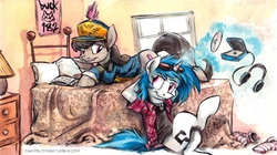 Size: 800x449 | Tagged: safe, artist:kenket, artist:spainfischer, dj pon-3, octavia melody, vinyl scratch, earth pony, pony, unicorn, g4, bed, blink 182, canterlot high, clothes, female, lamp, looking at each other, magic, mare, smiling, window