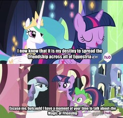 Size: 500x478 | Tagged: safe, edit, edited screencap, screencap, princess celestia, sapphire joy, spike, twilight sparkle, alicorn, pony, unicorn, g4, caption, door, female, hub logo, jehovah's witness, male, mare, misspelling, subtitles, text, twilight sparkle (alicorn), unicorn twilight