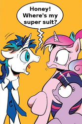 Size: 365x549 | Tagged: safe, idw, princess cadance, shining armor, twilight sparkle, g4, frozone, lucius best, meme, screaming armor, the incredibles, where is my super suit?