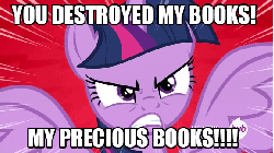 Size: 576x324 | Tagged: safe, edit, screencap, twilight sparkle, alicorn, pony, g4, angry, animated, book, book denial, bookhorse, female, hub logo, image macro, mare, meme, now you fucked up, solo, speed lines, super saiyan princess, that pony sure does love books, this will end in pain, twilight fuel, twilight sparkle (alicorn)