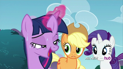 Size: 1920x1080 | Tagged: safe, screencap, applejack, rarity, twilight sparkle, alicorn, earth pony, pony, unicorn, g4, animation error, ear, female, hub logo, magic, mare, nervous, sweat, twilight sparkle (alicorn)