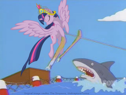 Size: 450x338 | Tagged: artist needed, safe, twilight sparkle, alicorn, pony, shark, g4, female, jumping the shark, majestic as fuck, male, mare, op is trying to start shit, the simpsons, twilight sparkle (alicorn), water skiing