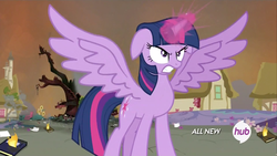 Size: 1920x1080 | Tagged: safe, screencap, twilight sparkle, alicorn, pony, g4, twilight's kingdom, angry, female, glare, golden oaks library, gritted teeth, hub logo, intimidating, magic, majestic, mare, now you fucked up, ruins, shit just got real, solo, spread wings, twilight sparkle (alicorn)