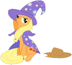 Size: 300x270 | Tagged: source needed, safe, applejack, g4, accessory swap, cosplay, female, hat, simple background, sitting, solo, the great and powerful, trixie's cape, trixie's hat