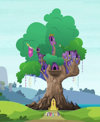 Size: 377x459 | Tagged: safe, artist:knighty, edit, edited screencap, screencap, g4, twilight's kingdom, castle, compromise, cropped, crystal castle, golden oaks library, good end, redesign, save tree, tree, twilight's castle