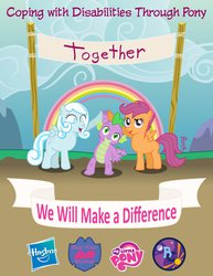 Size: 989x1280 | Tagged: safe, artist:stoneth, scootaloo, spike, oc, oc:snowdrop, dragon, pegasus, pony, g4, disability, hasbro logo, high five, my little pony logo, positive body image, positive message, poster, trio, unofficial