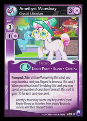 Size: 344x480 | Tagged: safe, enterplay, amethyst maresbury, night knight, crystal pony, pony, canterlot nights, g4, my little pony collectible card game, ccg, crystal librarian, grin, hat glasses, raised hoof, smiling, solo focus