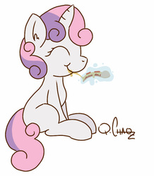 Size: 720x824 | Tagged: safe, artist:quarantinedchaoz, sweetie belle, g4, eating, female, food, magic, meat, pepperoni, pepperoni pizza, pizza, ponies eating meat, solo