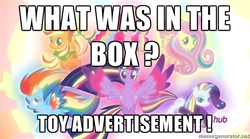 Size: 500x277 | Tagged: safe, edit, edited screencap, screencap, applejack, fluttershy, pinkie pie, rainbow dash, rarity, twilight sparkle, alicorn, earth pony, pegasus, pony, unicorn, g4, twilight's kingdom, box, caption, ending, female, horn, hub logo, joke, mane six, mare, op has a point, to sell toys, twilight sparkle (alicorn)