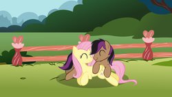 Size: 1186x674 | Tagged: safe, artist:stelar-eclipse, fluttershy, stellar eclipse, pegasus, pony, g4, ^^, cuddling, cute, eyes closed, female, fence, hug, male, mare, shipping, snuggling, stallion, stellarshy, straight