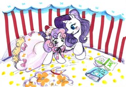 Size: 2328x1606 | Tagged: safe, artist:donella, rarity, sweetie belle, g4, book, clothes, dress, traditional art