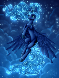 Size: 1200x1600 | Tagged: safe, artist:asimos, princess luna, alicorn, pony, g4, ethereal mane, female, flying, glowing mane, night, solo