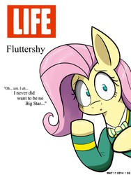 Size: 900x1200 | Tagged: safe, artist:heir-of-rick, fluttershy, pegasus, pony, filli vanilli, g4, female, flutterguy, life, magazine cover, parody, ponytones outfit, simple background, solo, white background