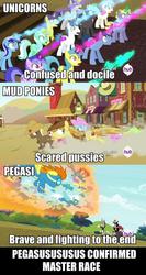 Size: 484x911 | Tagged: safe, edit, edited screencap, screencap, blaze, blues, braeburn, bulk biceps, cherry berry, cloudchaser, coco crusoe, comet tail, daisy, derpy hooves, discord, fleetfoot, flower wishes, lemon hearts, linky, lord tirek, lyra heartstrings, merry may, minuette, noteworthy, orion, parasol, ponet, sea swirl, seafoam, shoeshine, shooting star (character), soarin', spitfire, spring melody, sprinkle medley, star bright, stormfeather, twinkleshine, pony, g4, twilight's kingdom, clothes, flying, frown, glorious master race, glowing horn, goggles, horn, hub logo, image macro, looking up, meme, misspelling, mouthpiece, mud pony, op is a duck, op is trying to start shit, open mouth, pegasus master race, pony racism, racism, running, scared, text, uniform, wall of tags, wide eyes, wonderbolts, wonderbolts uniform
