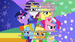 Size: 960x540 | Tagged: safe, edit, edited screencap, screencap, applejack, fluttershy, pinkie pie, rainbow dash, rarity, twilight sparkle, g4, the best night ever, clothes, drama, dress, gala dress, mane six, meta, op has a point