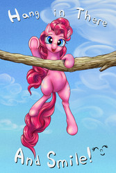 Size: 1200x1800 | Tagged: safe, artist:viwrastupr, pinkie pie, g4, belly button, cute, diapinkes, ear fluff, female, hang in there, hanging, looking at you, motivational poster, open mouth, smiling, solo, tree branch, underhoof, waving