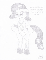 Size: 2552x3316 | Tagged: safe, artist:mc-ryan, rarity, pony, unicorn, g4, bipedal, clothes, female, high res, monochrome, morning ponies, sleepy, slippers, socks, solo, t-shirt, tea