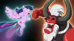 Size: 1920x1080 | Tagged: safe, artist:deannart, lord tirek, twilight sparkle, semi-anthro, g4, twilight's kingdom, aura, fight, flying, glare, metal, metal as fuck, open mouth, punch, spread wings, super saiyan princess, twilight sparkle (alicorn), twilight vs tirek, wallpaper, wide eyes