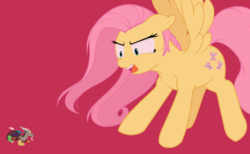 Size: 1383x851 | Tagged: safe, artist:oneeyedsheep, discord, fluttershy, pony, g4, 2013, 2014, angry, crying, cute, discute, duo, ms paint, red background, simple background, size difference, tongue out