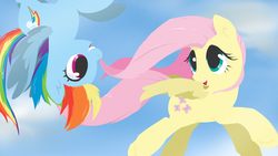 Size: 1920x1080 | Tagged: safe, artist:oneeyedsheep, fluttershy, rainbow dash, pegasus, pony, g4, duo, eye contact, flying, open mouth, smiling, spread wings, upside down, wallpaper