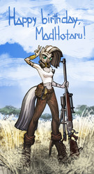 Size: 1750x3252 | Tagged: source needed, safe, artist:vombavr, zecora, zebra, anthro, unguligrade anthro, g4, alternate hairstyle, bipedal, birthday, clothes, female, gun, hoof boots, long hair, loose hair, optical sight, rifle, sniper rifle, solo, text, weapon