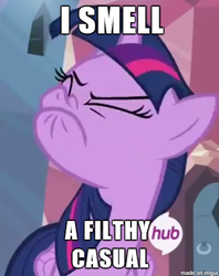 Size: 366x461 | Tagged: safe, edit, edited screencap, screencap, twilight sparkle, alicorn, pony, g4, twilight's kingdom, caption, casual, female, filthy casual, hub logo, image macro, mare, meme, solo, text, twilight sparkle (alicorn)