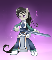 Size: 1640x1909 | Tagged: safe, artist:cyanaeolin, octavia melody, earth pony, pony, semi-anthro, g4, bipedal, female, looking at you, solo, sword, weapon