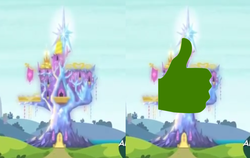 Size: 680x429 | Tagged: safe, edit, screencap, g4, twilight's kingdom, pareidolia, thumbs up, twilight's castle