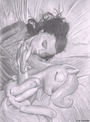 Size: 600x813 | Tagged: safe, artist:foudubulbe, fluttershy, human, g4, bed, bjork, filly, monochrome, parody, photo, sleeping, traditional art, younger