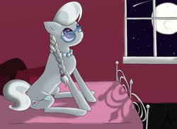 Size: 1000x728 | Tagged: safe, artist:kharmatika, silver spoon, g4, bed, concave belly, female, moon, night, shooting star, slender, solo, thin