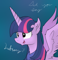 Size: 1281x1314 | Tagged: safe, artist:dazed-and-wandering, twilight sparkle, alicorn, pony, g4, adorkable, cute, dork, female, fluffy, library, mare, open mouth, smiling, solo, spread wings, twilight sparkle (alicorn), wingboner, wingding eyes